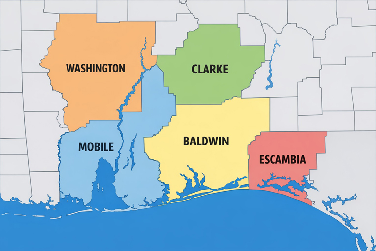 Service Area Map showing Mobile, Baldwin, Clarke, Escambia and Washington Counties in Alabama
